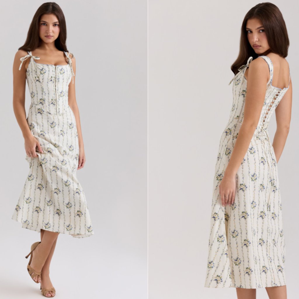 House Of Cb 'Dionne' Cream Daisy Print Stretch Cotton Midi Dress Nwot